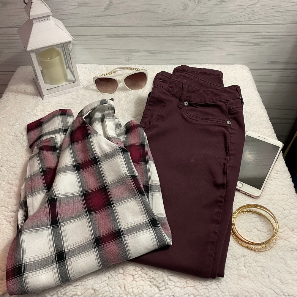 Maurices-Long sleeve Burgundy plaid blouses.
